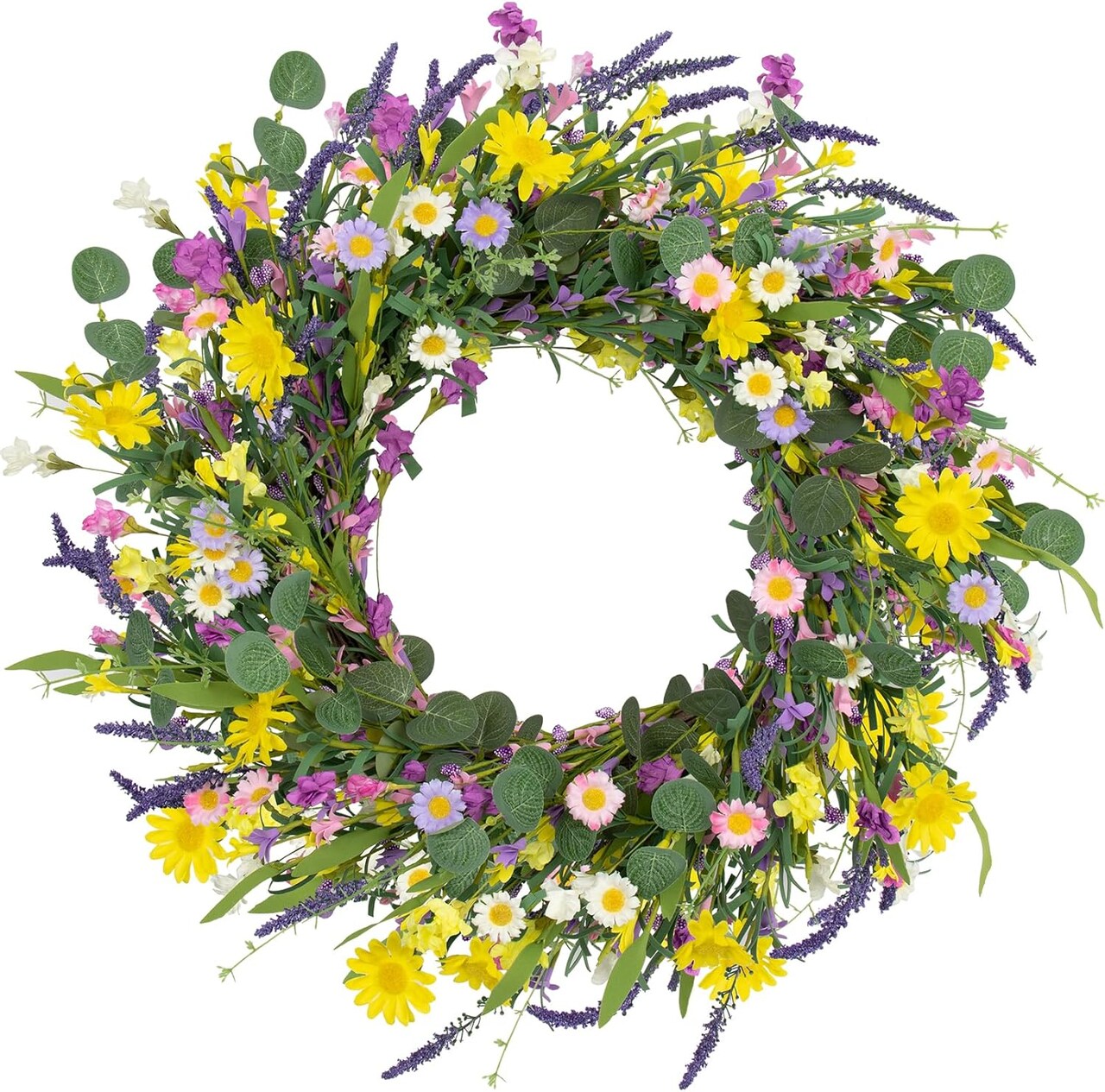 Summer Wreaths for Front Door 22 Inch Artificial Summer Wreath Daisy and Lavender Wreath with Wildflowers for Home Wall Farmhouse Springtime Easter Holiday Party